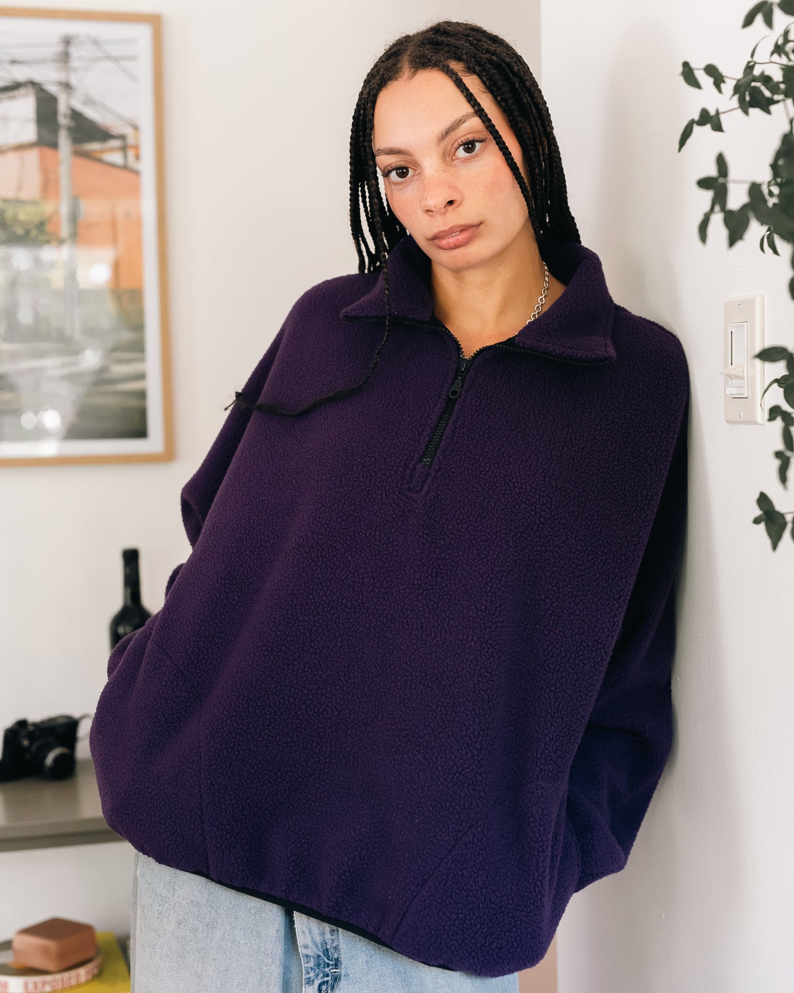 FLEECE HALF-ZIP PULLOVER — AUBERGINE