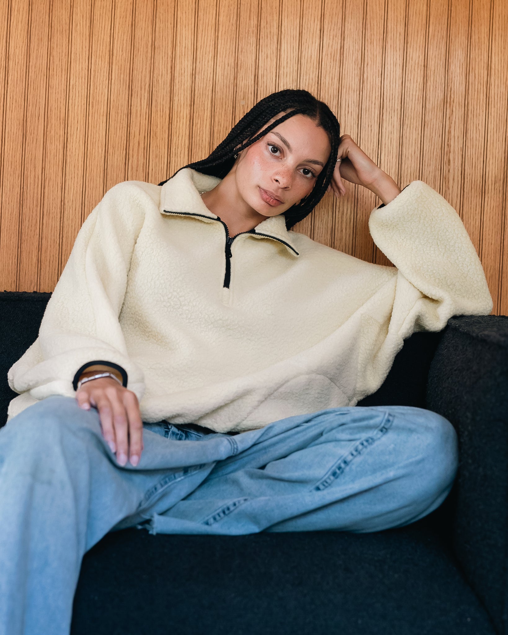 FLEECE HALF-ZIP PULLOVER — BUTTER